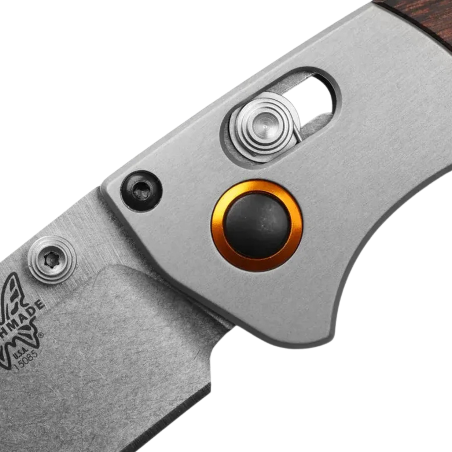 Benchmade Mini Crooked River clip-point knife close-up of Axis lock and grey aluminum bolster detail