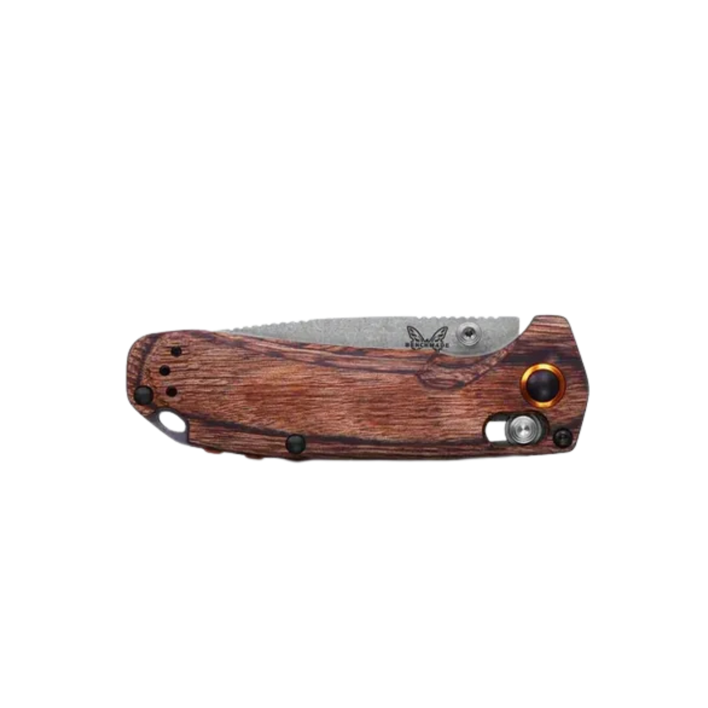 Benchmade North Fork drop-point knife closed view showing stabilized wood handle texture