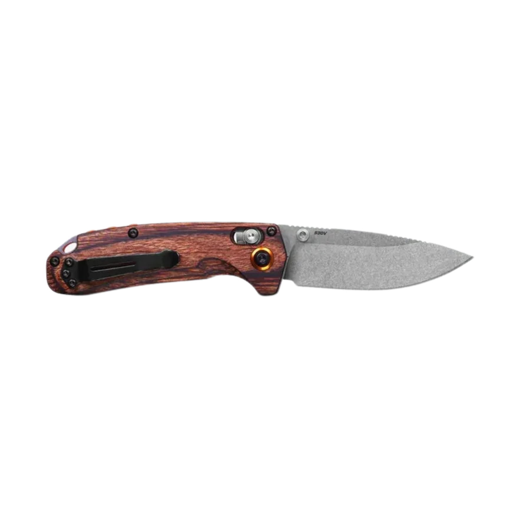 Benchmade North Fork drop-point knife open right side with pocket clip and wood handle