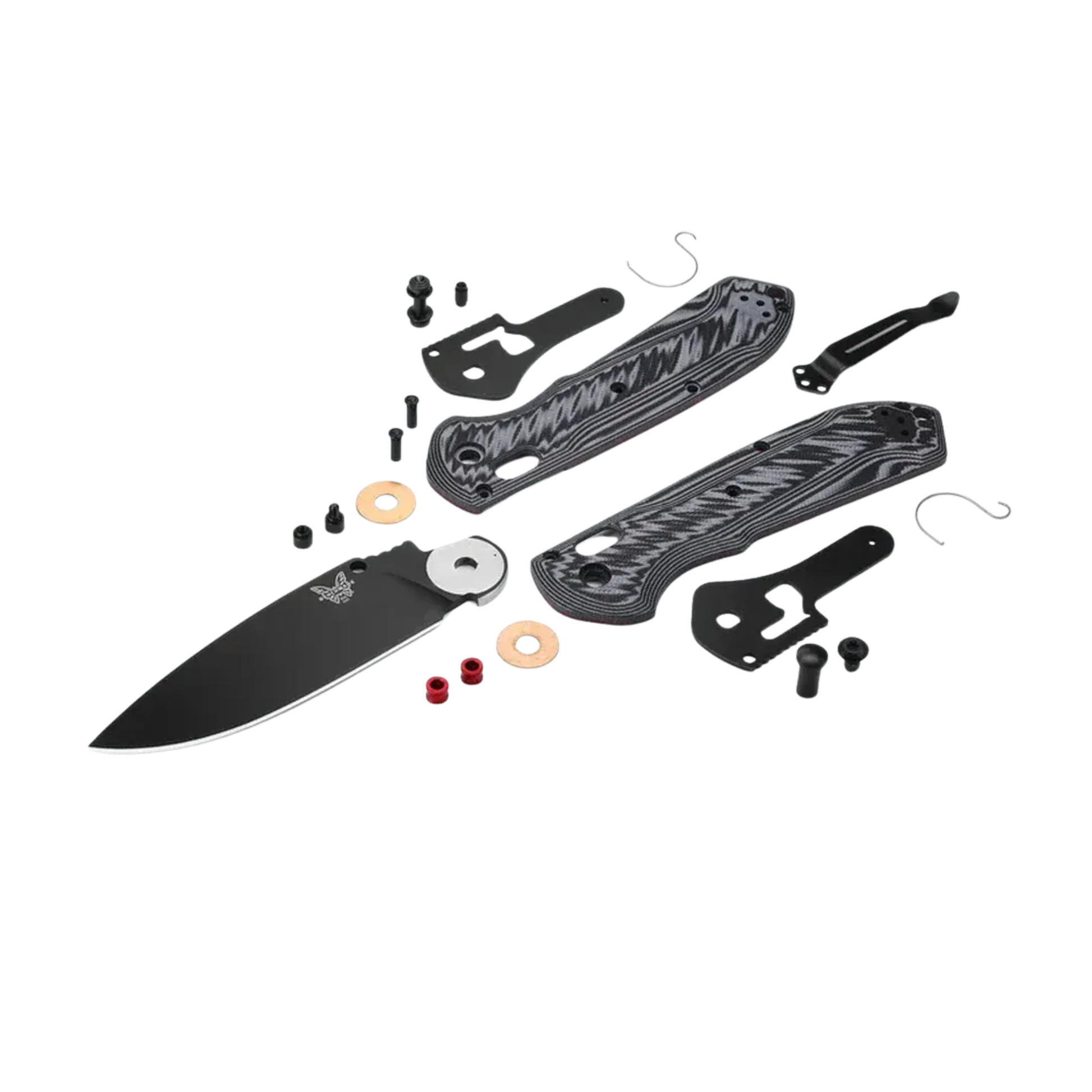 Benchmade Super Freek drop-point knife disassembled view showing internal components and handle scales