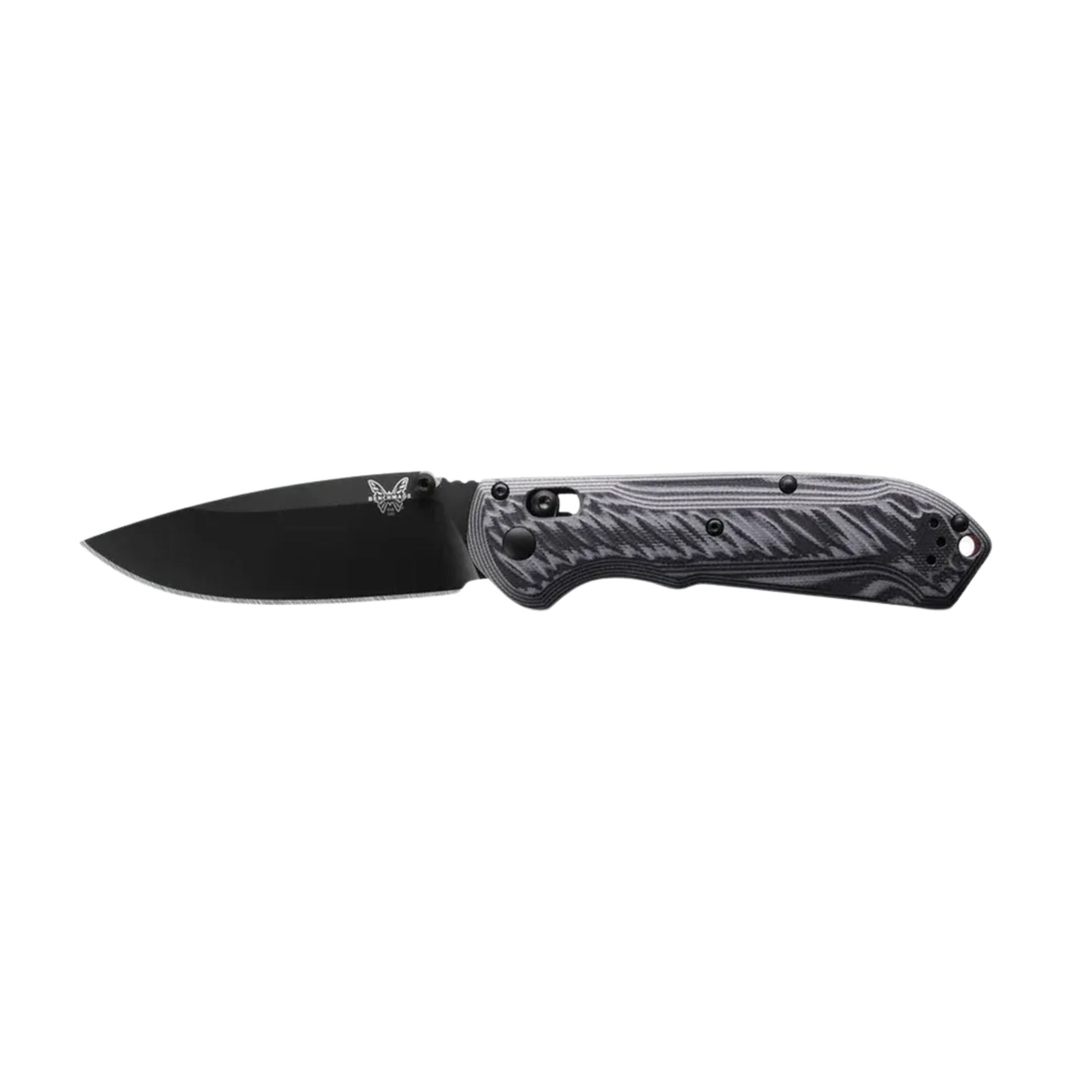 Benchmade Super Freek drop-point knife open left side with black blade and layered handle