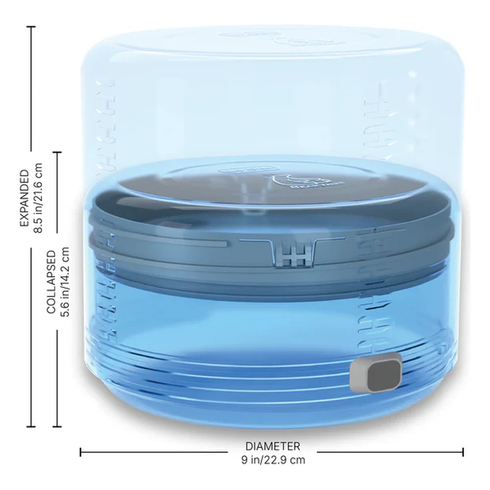 BVONE collapsible bear canister dimension diagram on white background showing expanded height 8.5in/21.6cm, collapsed height 5.6in/14.2cm, and diameter 9in/22.9cm with transparent blue body