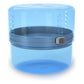 BVONE collapsible bear canister fully expanded on white background, showing blue transparent polycarbonate body with center divider locking button and volume measurement markings