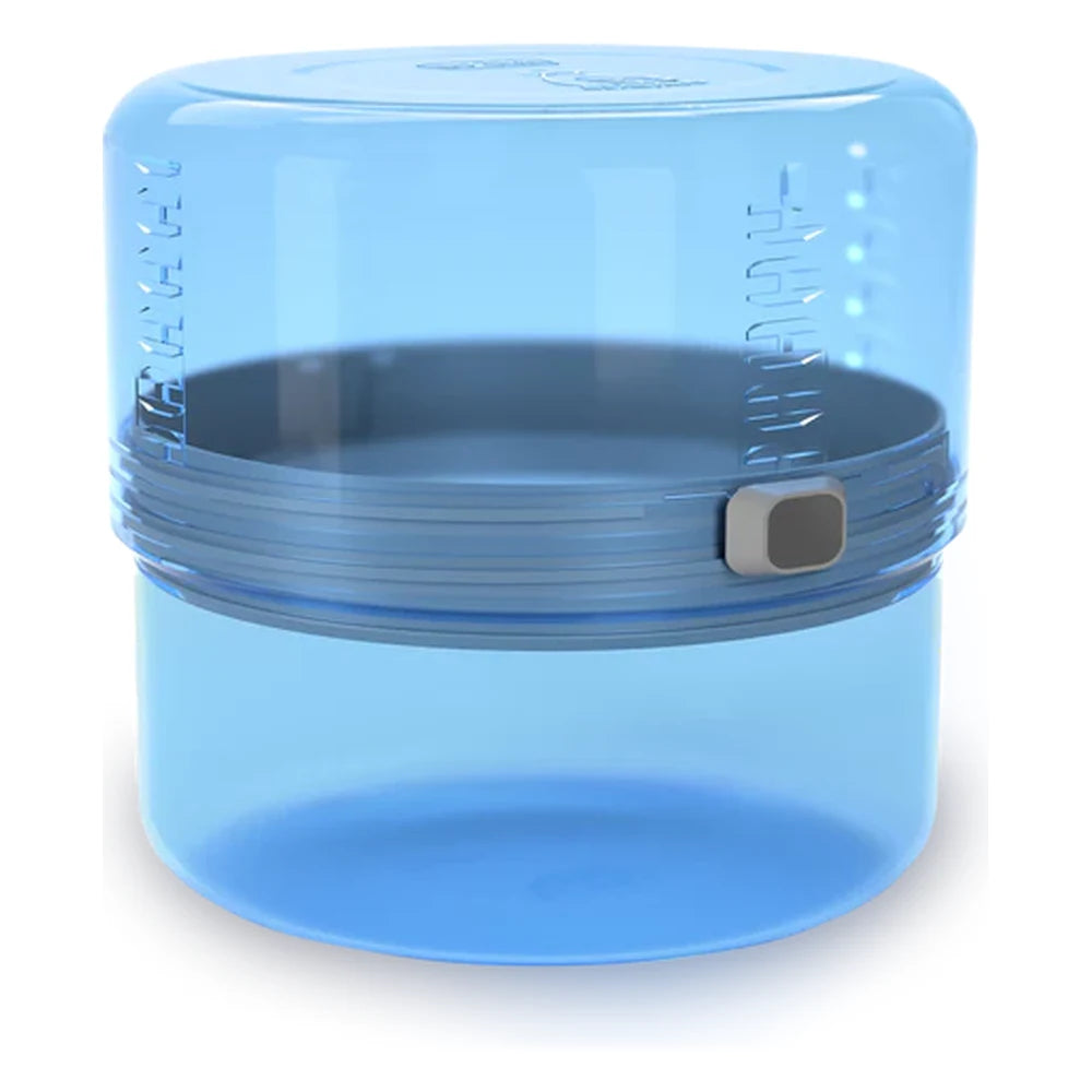 BVONE collapsible bear canister fully expanded on white background, showing blue transparent polycarbonate body with center divider locking button and volume measurement markings
