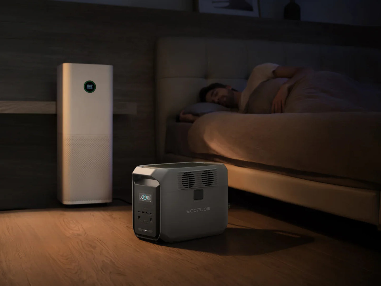 EcoFlow Delta 3 1500 Portable Power Station providing quiet backup power beside a bed at night