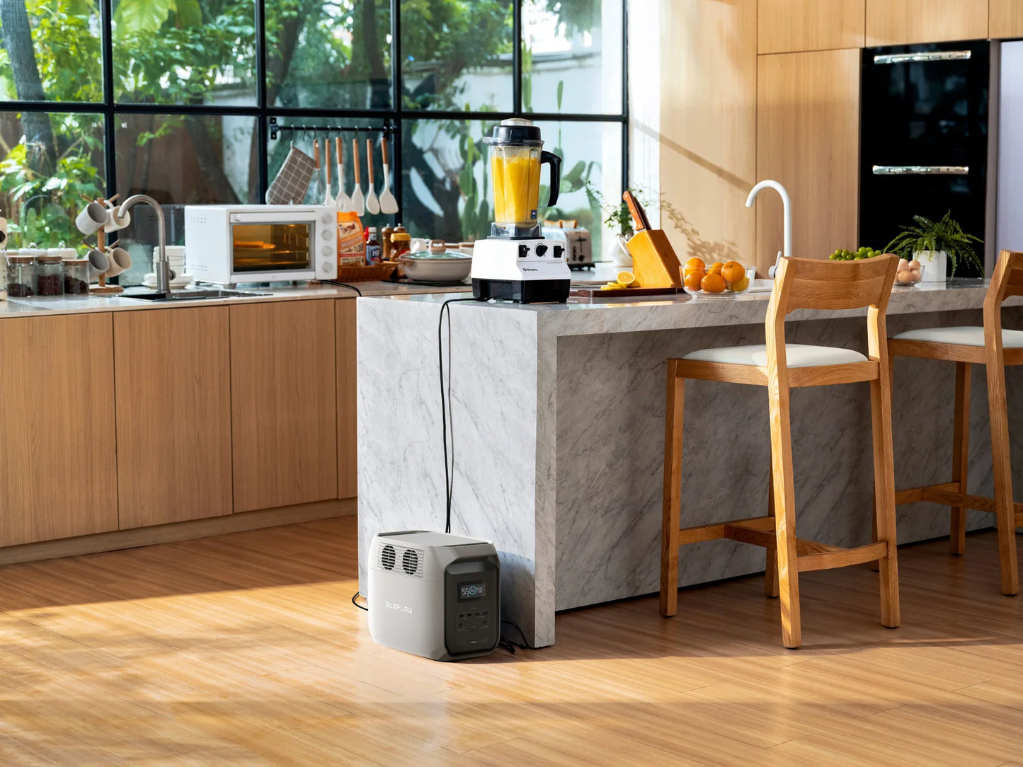 EcoFlow Delta 3 1500 Portable Power Station running kitchen appliances in a bright modern home