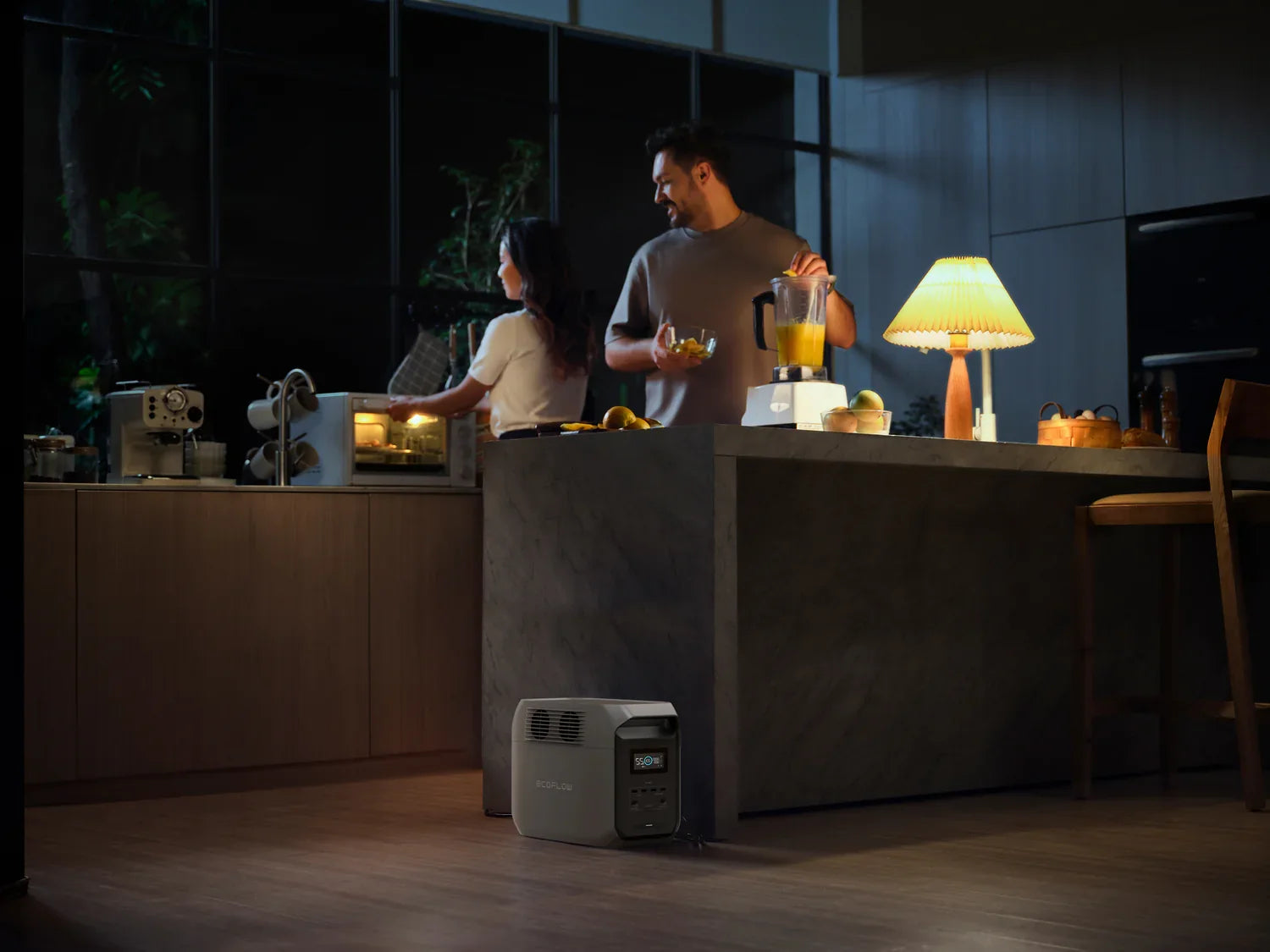 EcoFlow Delta 3 1500 Portable Power Station powering blender and appliances during an evening meal prep