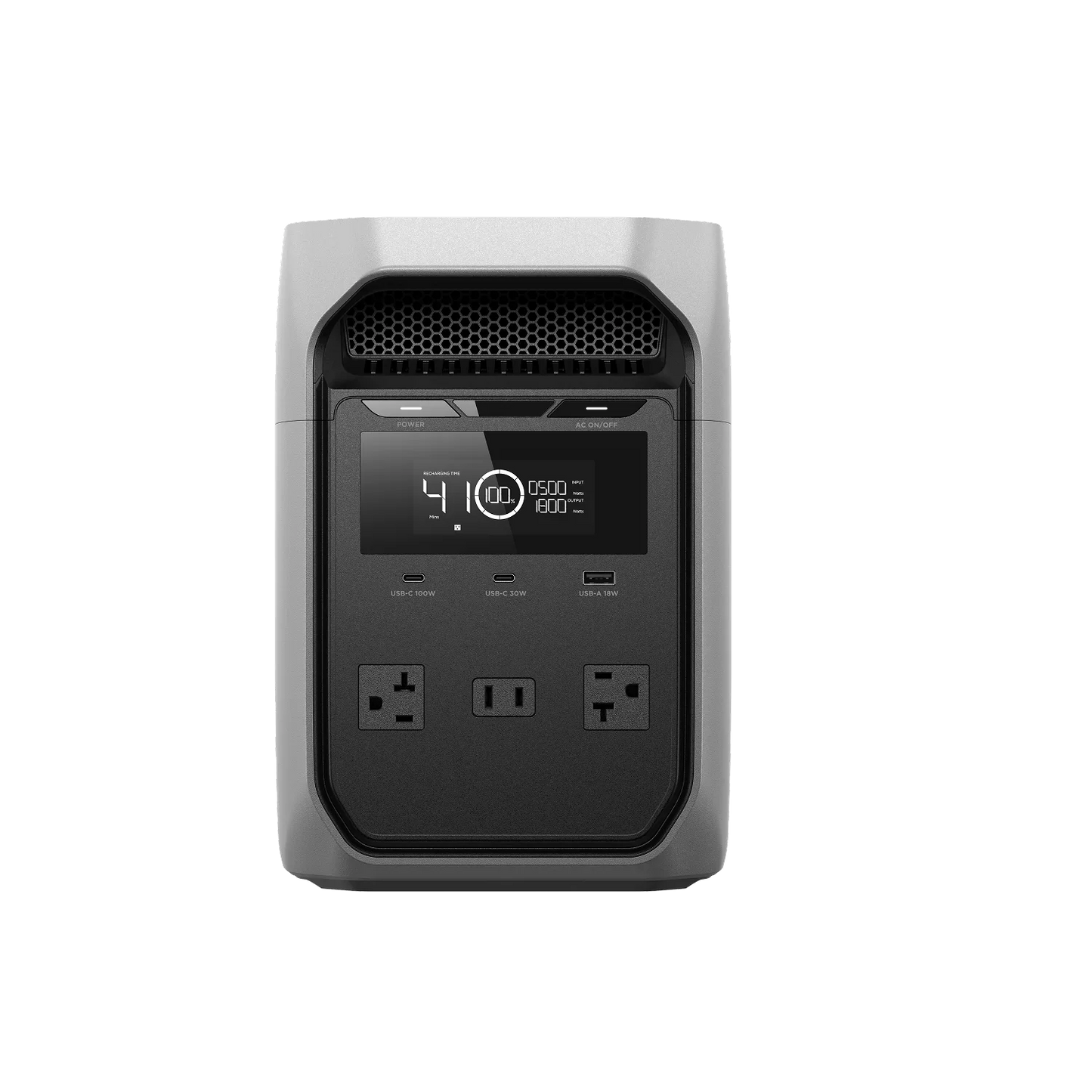 Front view of the EcoFlow Delta 3 Classic Portable Power Station with display and power outlets