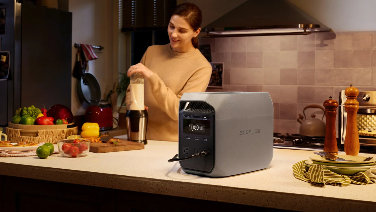 EcoFlow Delta 3 Classic Portable Power Station running a blender and kitchen appliances indoors