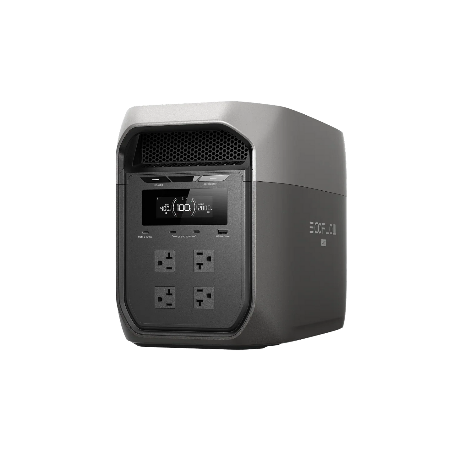 EcoFlow DELTA 3 Max front panel with multiple AC outlets and smart digital display.