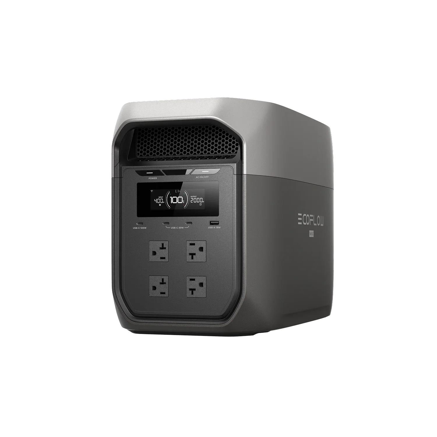 EcoFlow DELTA 3 Max front panel with multiple AC outlets and smart digital display.