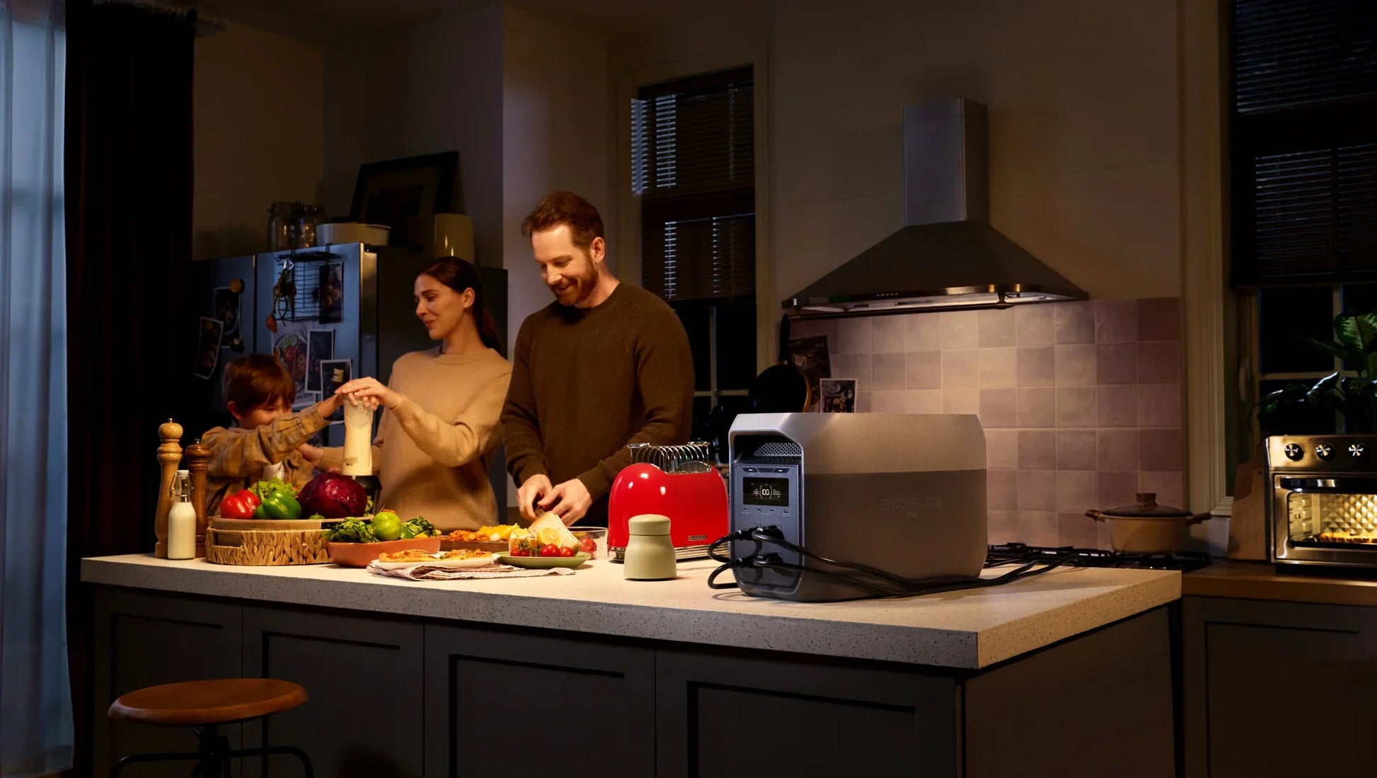 EcoFlow DELTA 3 Max portable power station in kitchen powering small appliances while a family cooks dinner.