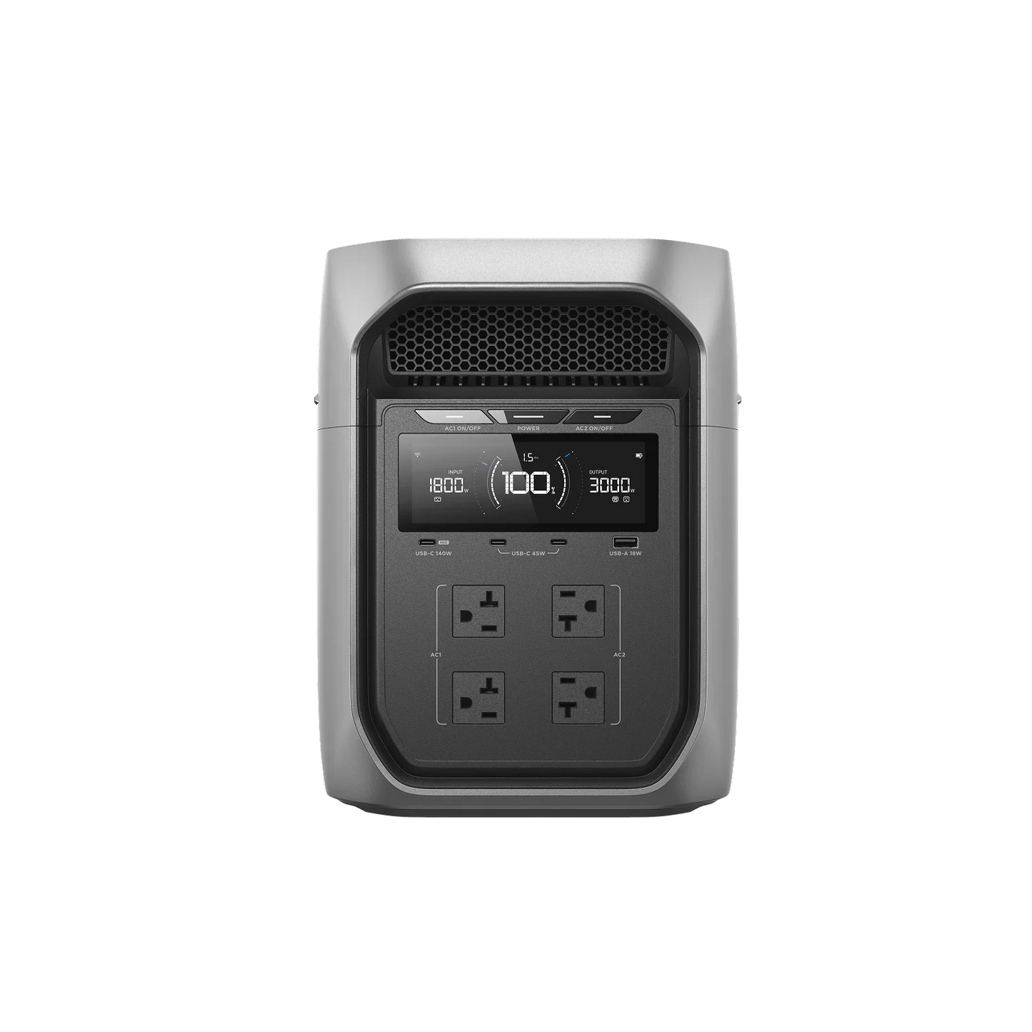 Front view of the EcoFlow Delta 3 Max Plus Portable Power Station with digital display and outlets