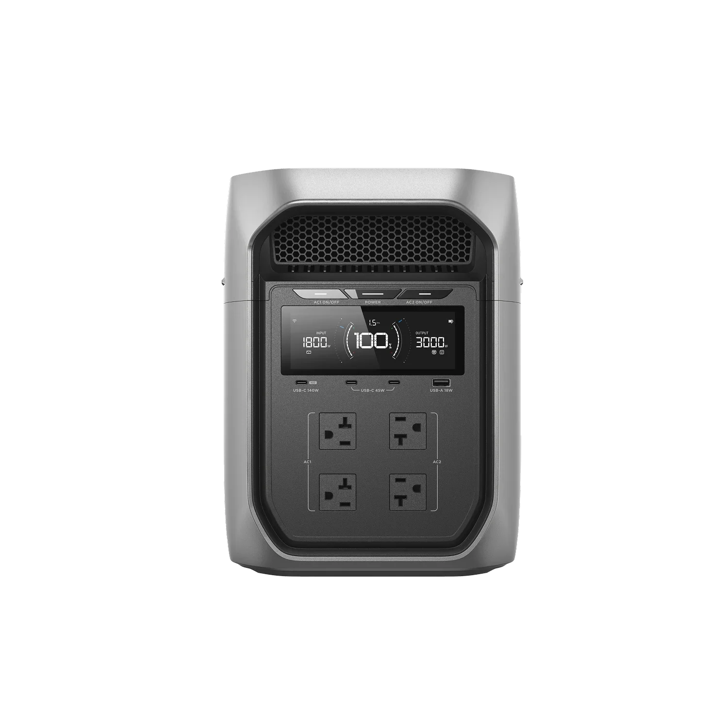 Front view of the EcoFlow Delta 3 Max Plus Portable Power Station with digital display and outlets
