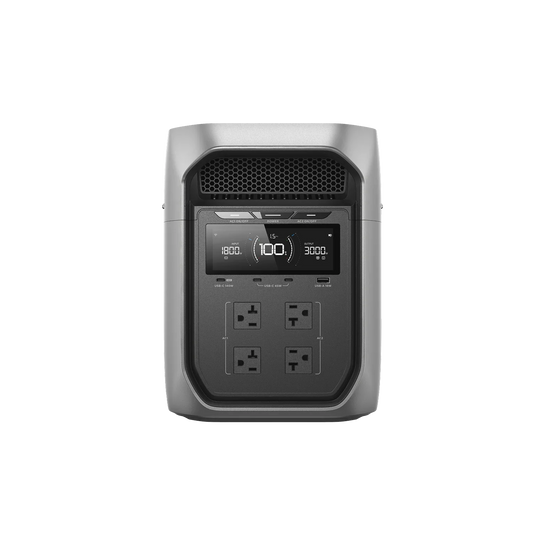 Front view of the EcoFlow Delta 3 Max Plus Portable Power Station with digital display and outlets