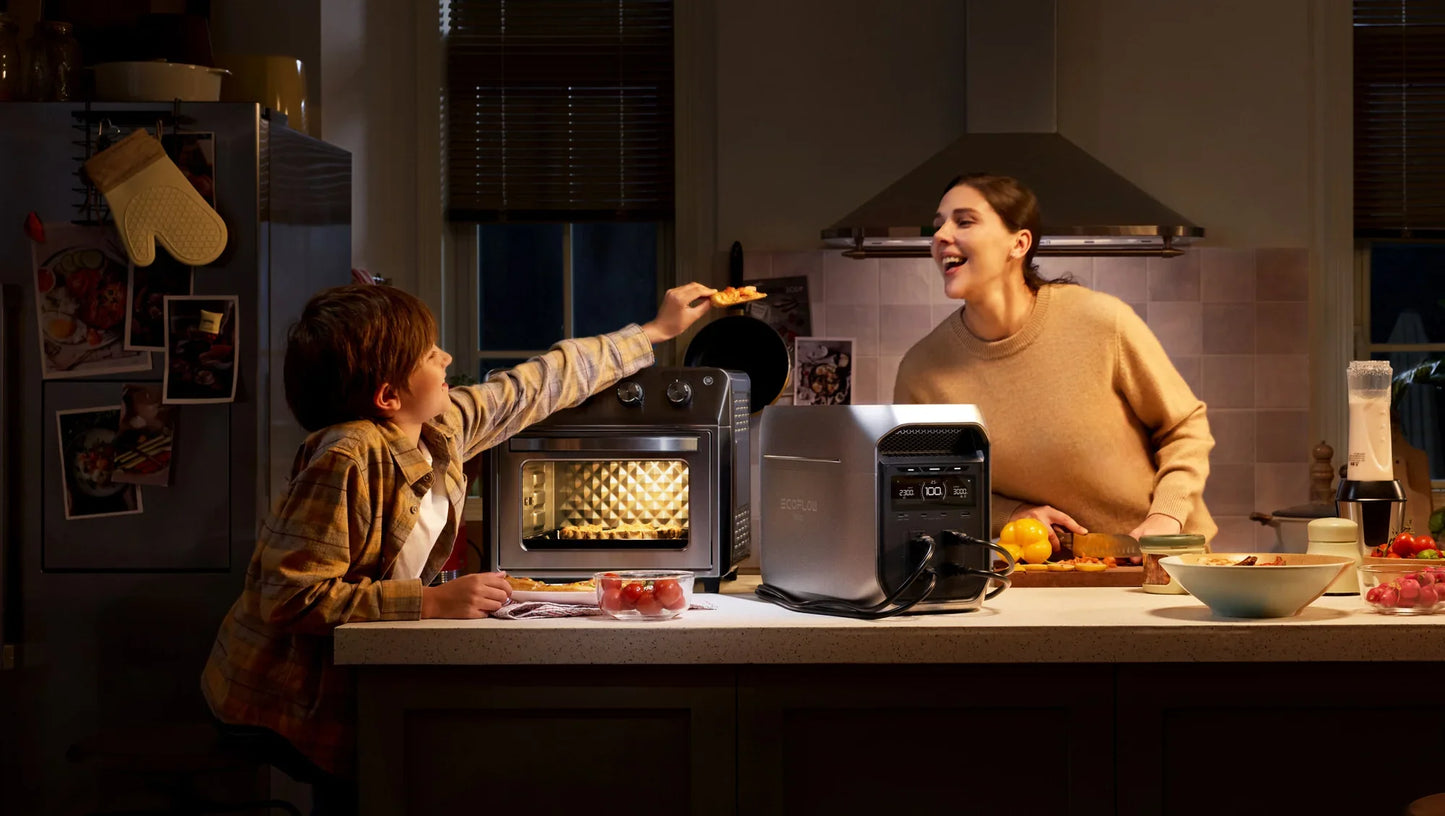 EcoFlow Delta 3 Max Plus Portable Power Station running kitchen appliances during a power outage