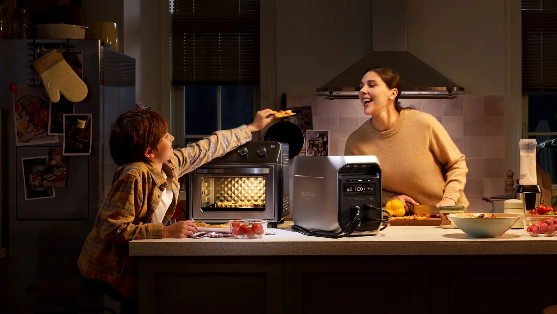 EcoFlow Delta 3 Max Plus Portable Power Station running kitchen appliances during a power outage