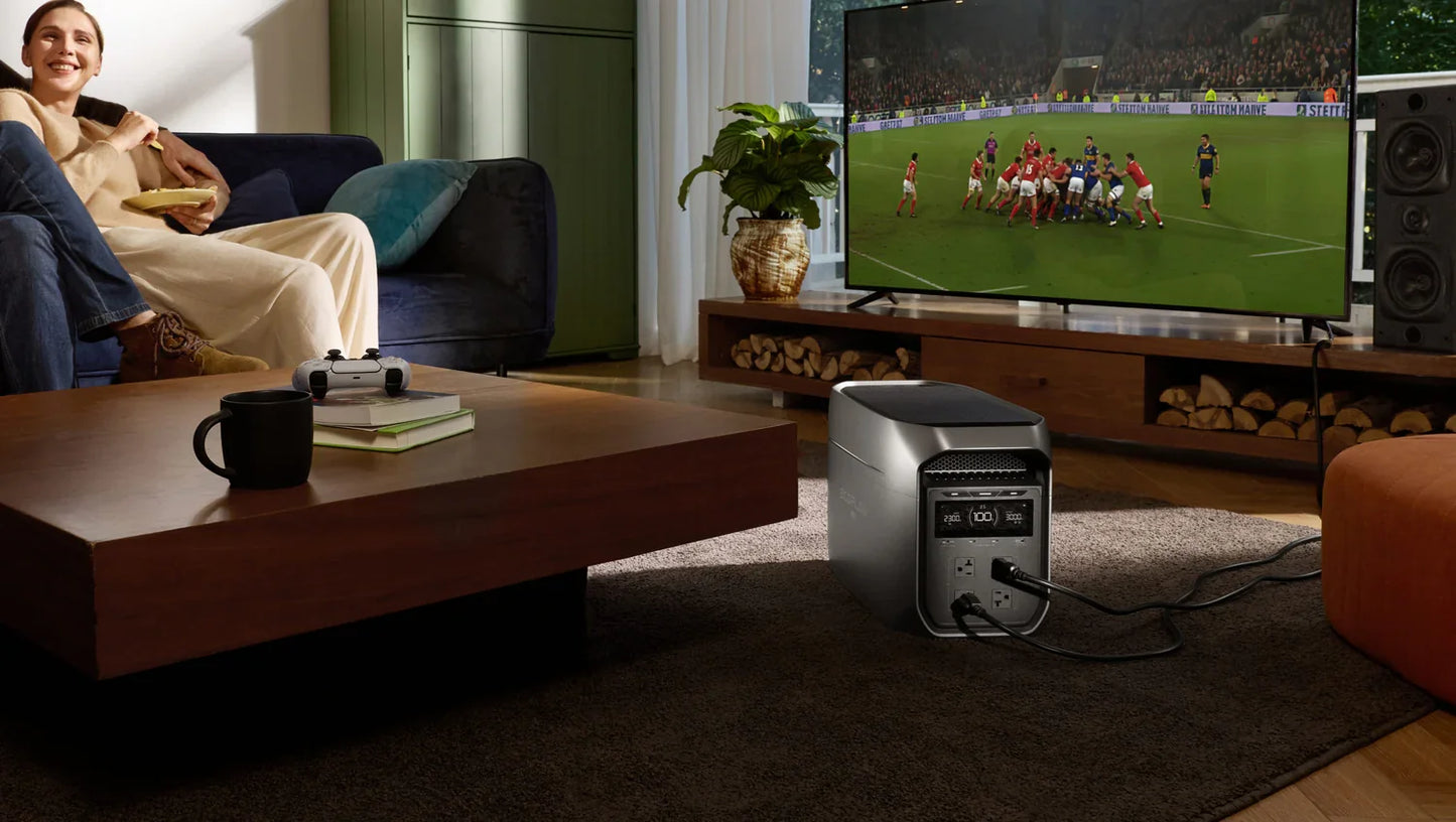 EcoFlow Delta 3 Max Plus Portable Power Station providing backup power in a living room