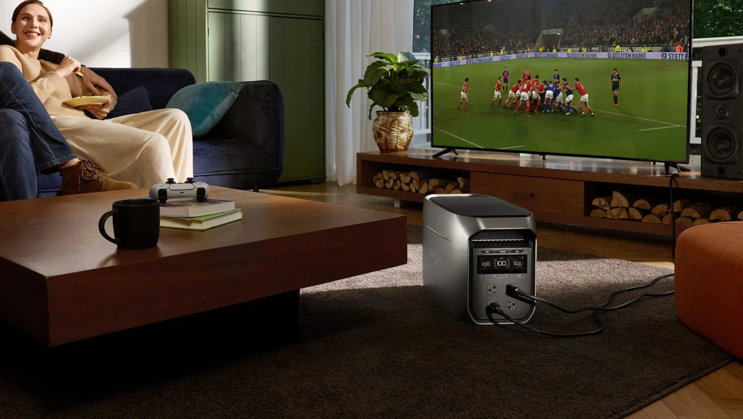 EcoFlow Delta 3 Max Plus Portable Power Station providing backup power in a living room
