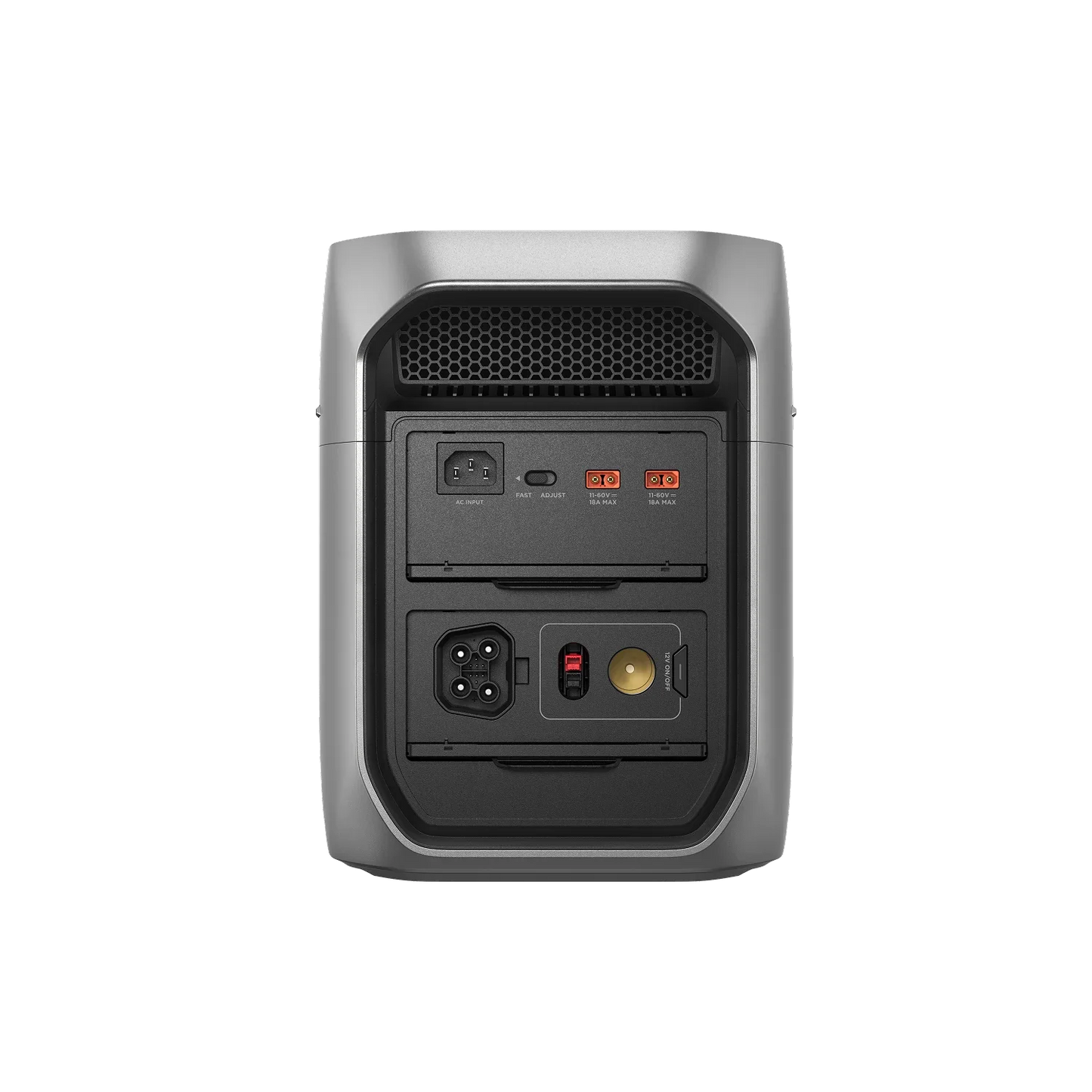 Rear view of the EcoFlow Delta 3 Max Plus Portable Power Station showing charging and output ports