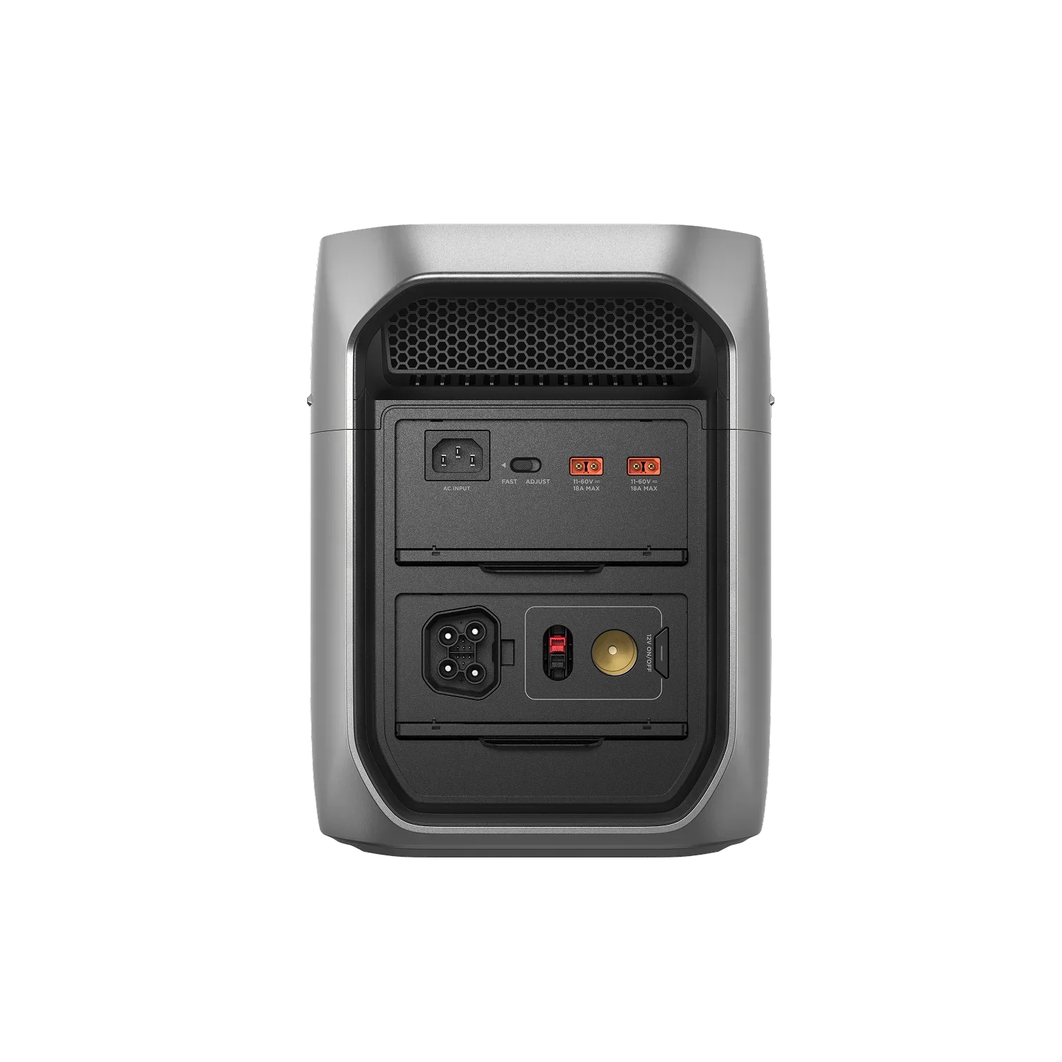 Rear view of the EcoFlow Delta 3 Max Plus Portable Power Station showing charging and output ports