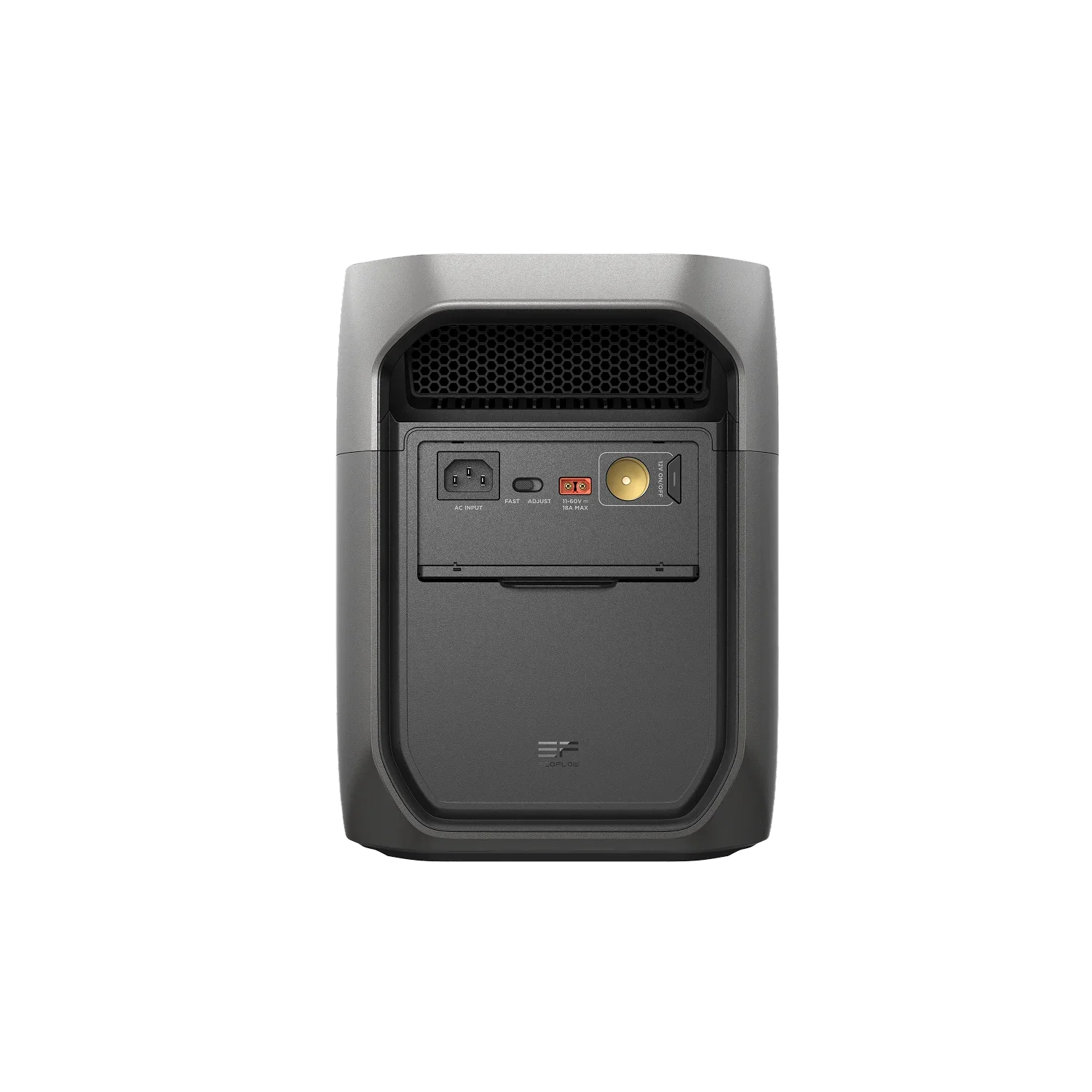 EcoFlow DELTA 3 Max rear panel view showing input and output ports for home and outdoor power.