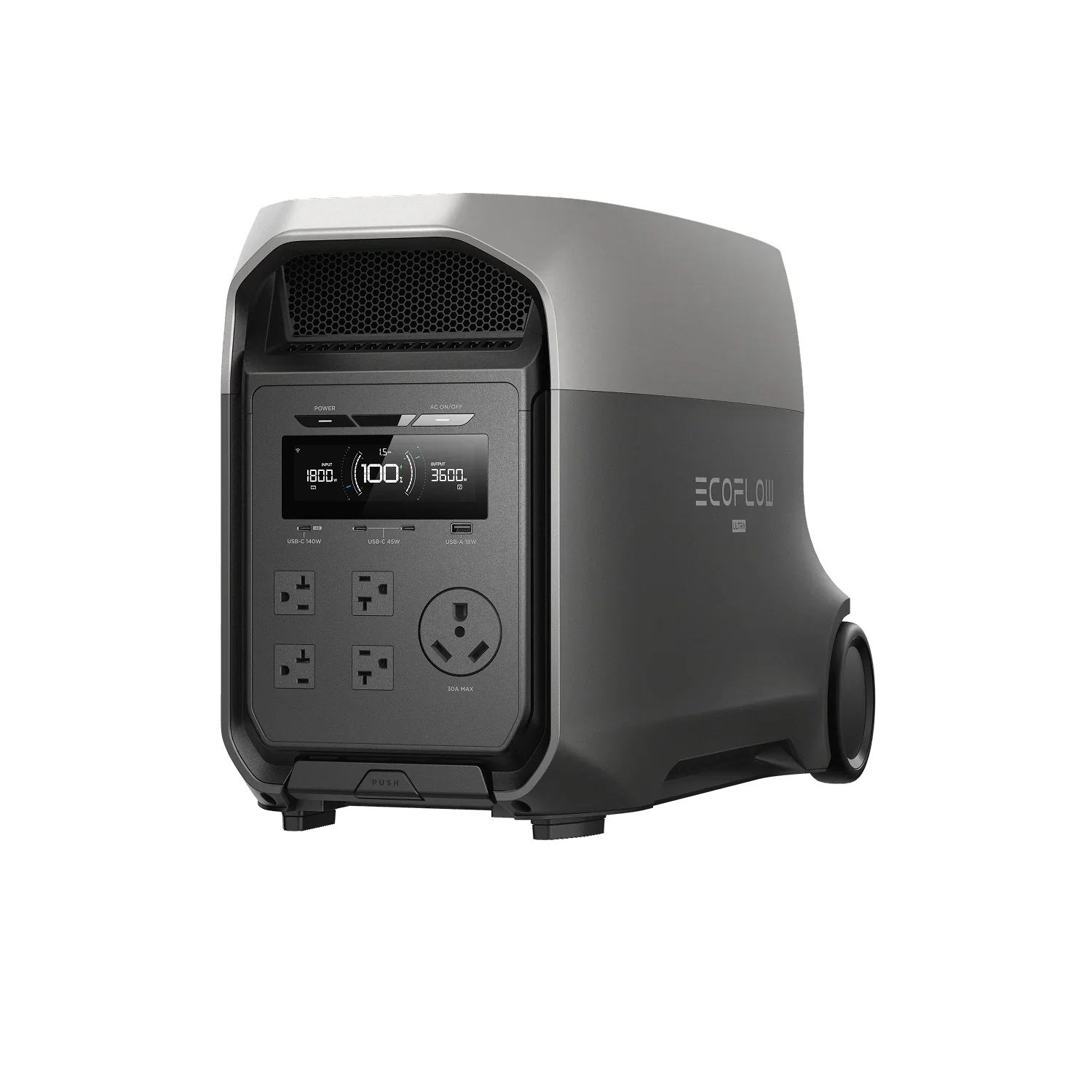 Angled view of the EcoFlow Delta 3 Ultra Portable Power Station showing ports, wheels, and ergonomic design