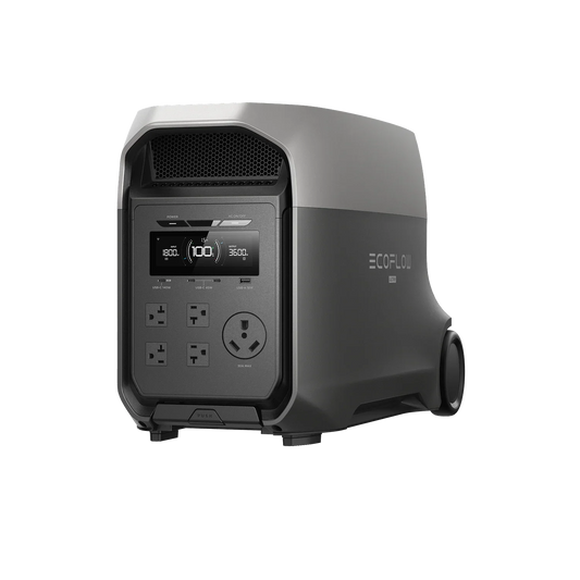 Angled view of the EcoFlow Delta 3 Ultra Portable Power Station showing ports, wheels, and ergonomic design