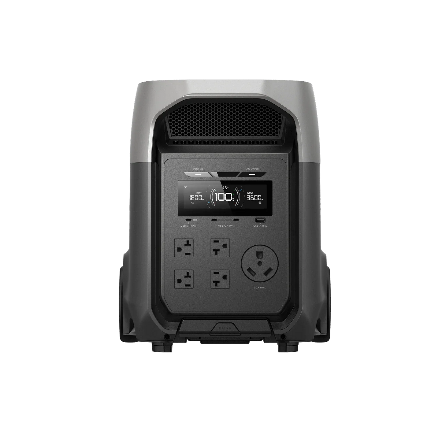 Front view of the EcoFlow Delta 3 Ultra Portable Power Station showing LCD display, outlets, and main controls