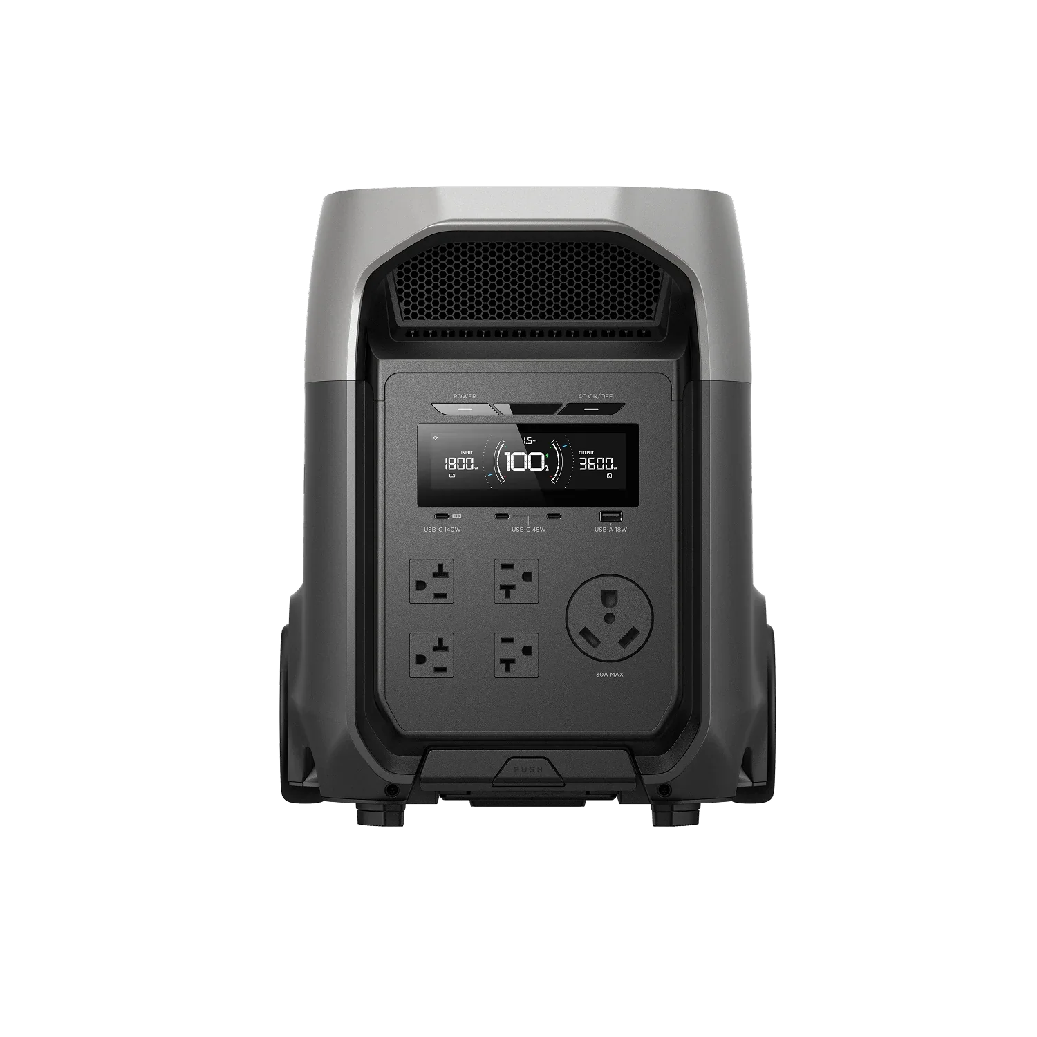 Front view of the EcoFlow Delta 3 Ultra Portable Power Station showing LCD display, outlets, and main controls