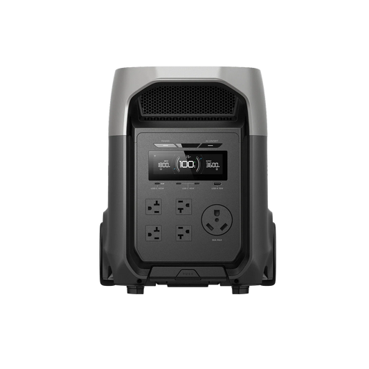 Front view of the EcoFlow Delta 3 Ultra Portable Power Station showing LCD display, outlets, and main controls