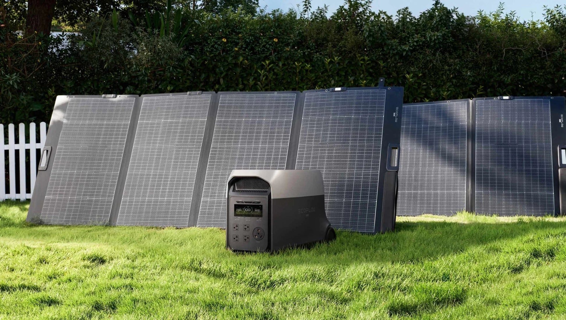 EcoFlow Delta 3 Ultra Portable Power Station being charged by solar panels in an outdoor setup