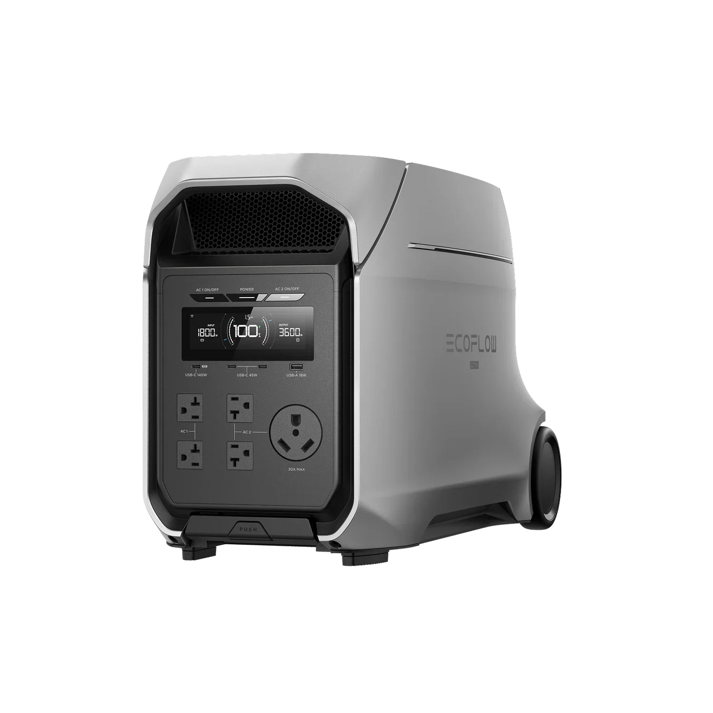 Angled product view of the EcoFlow Delta 3 Ultra Plus Portable Power Station showcasing compact wheeled design