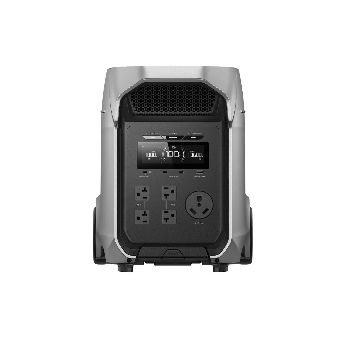 Front view of the EcoFlow Delta 3 Ultra Plus Portable Power Station with LCD display, AC outlets, and controls