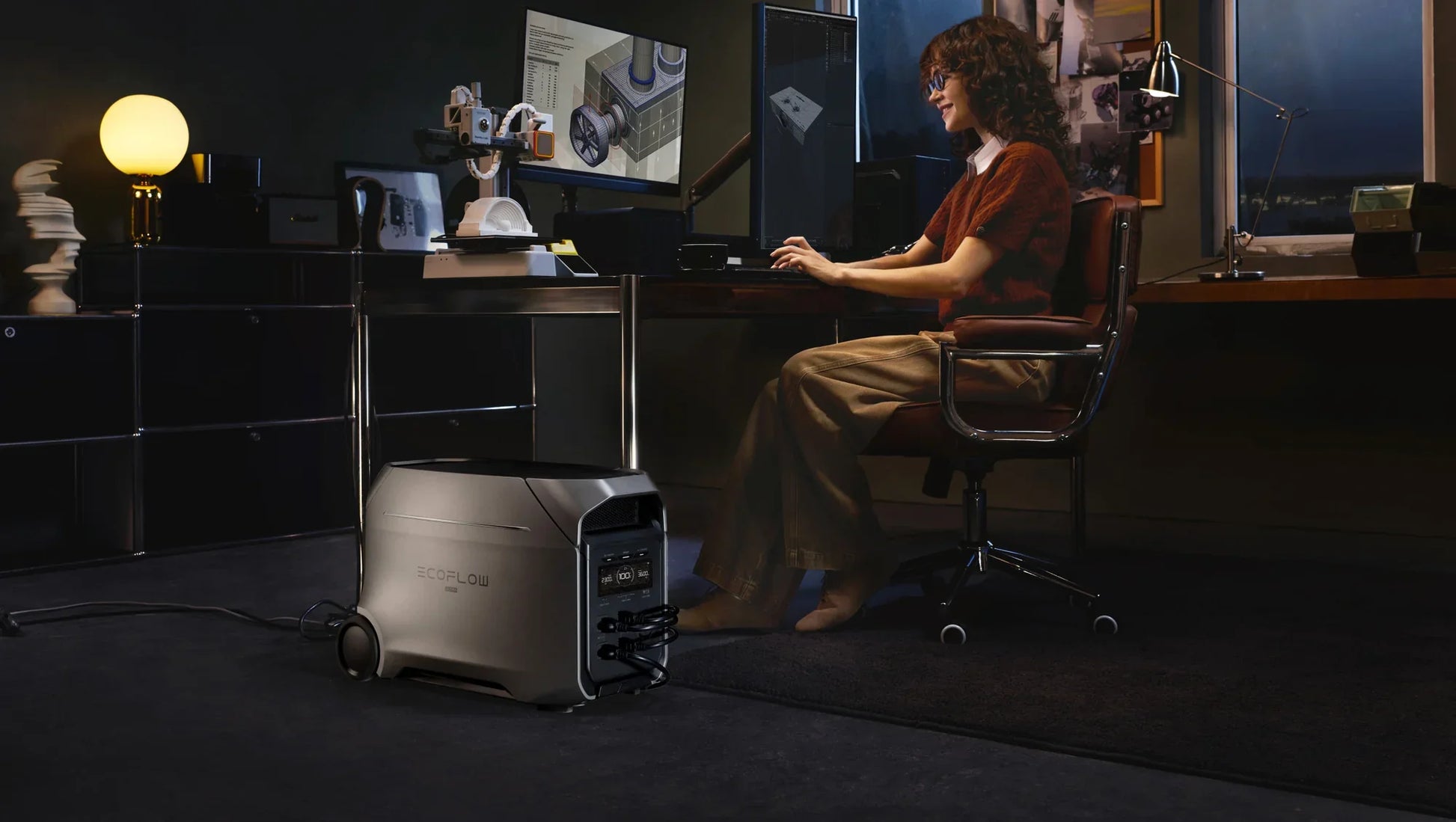 EcoFlow Delta 3 Ultra Plus Portable Power Station providing backup power for a workstation in a modern office