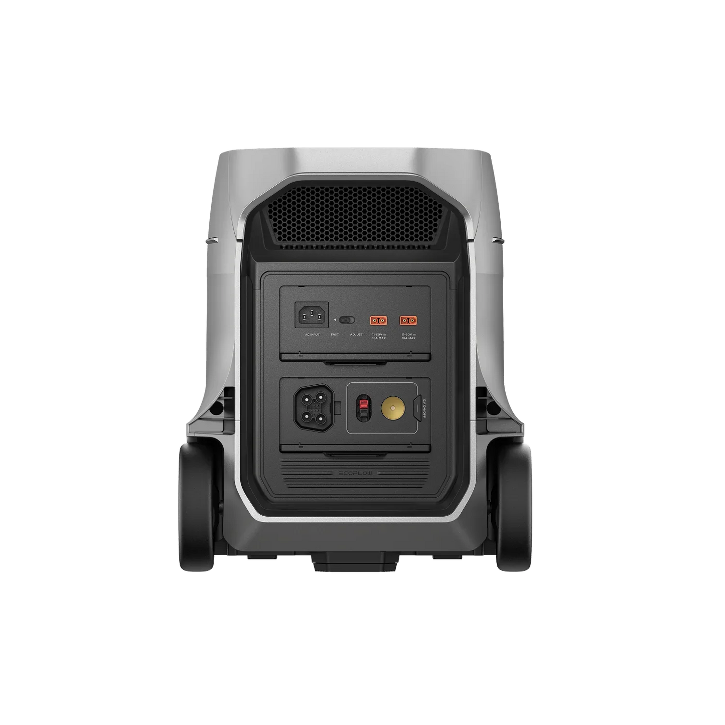 Rear view of the EcoFlow Delta 3 Ultra Plus Portable Power Station showing input ports, cooling vents, and wheels