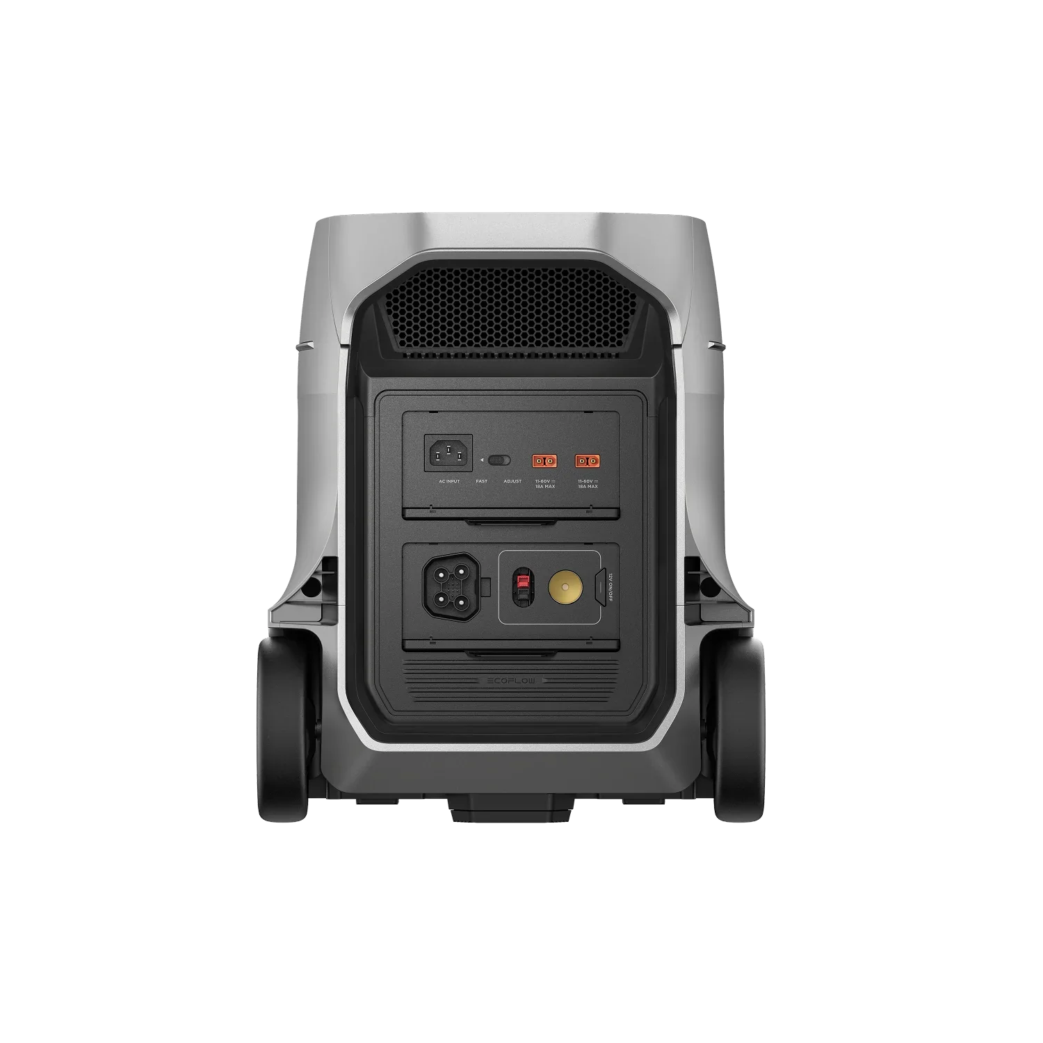 Rear view of the EcoFlow Delta 3 Ultra Plus Portable Power Station showing input ports, cooling vents, and wheels