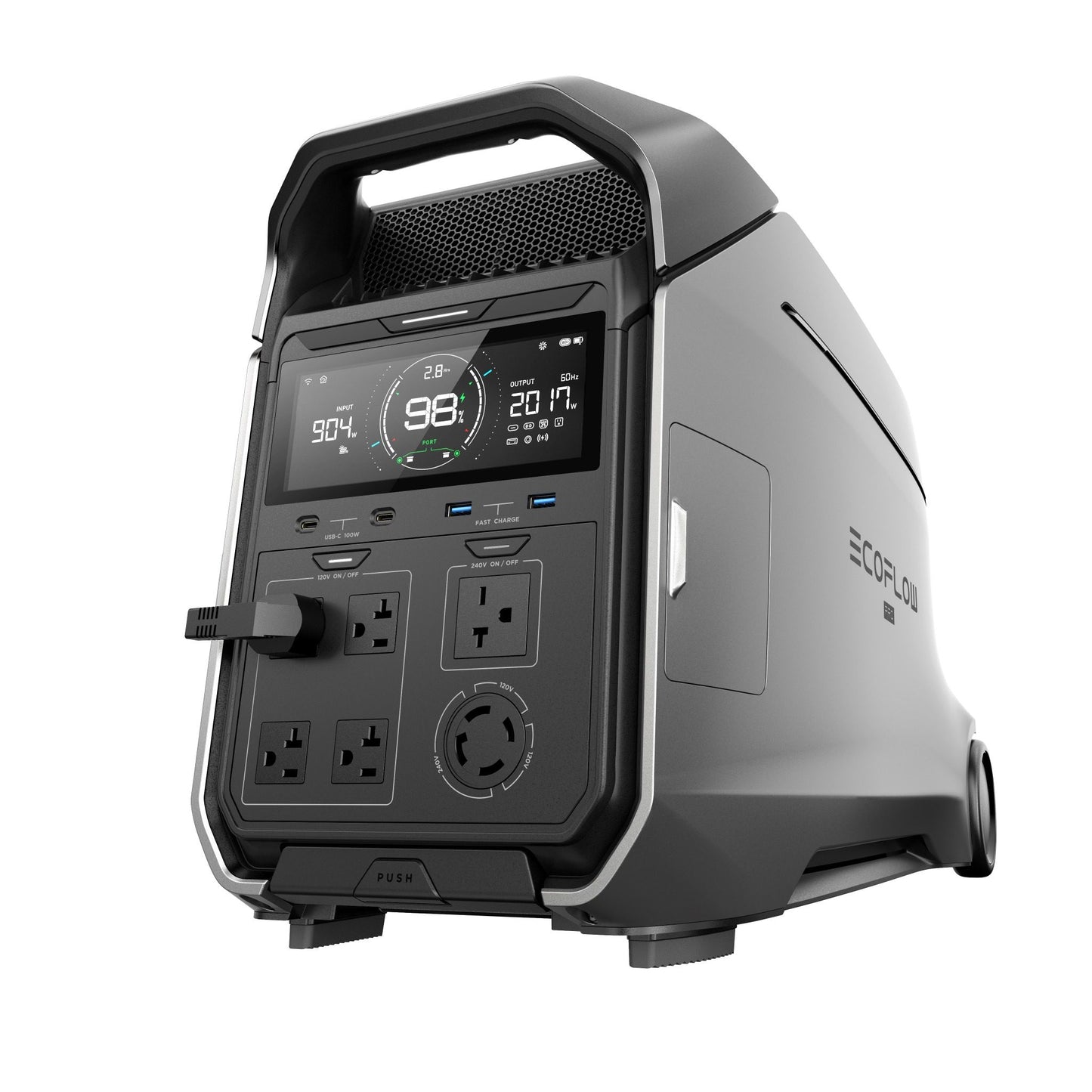 EcoFlow Delta Pro 3 angled low front view showcasing power module design.