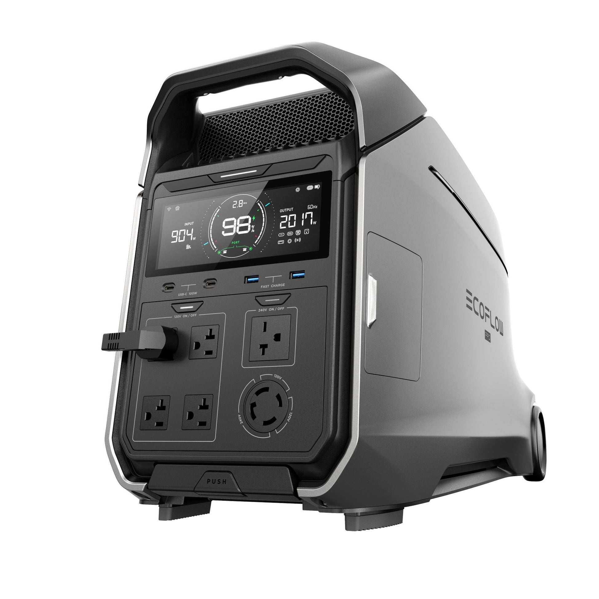 EcoFlow Delta Pro 3 angled low front view showcasing power module design.