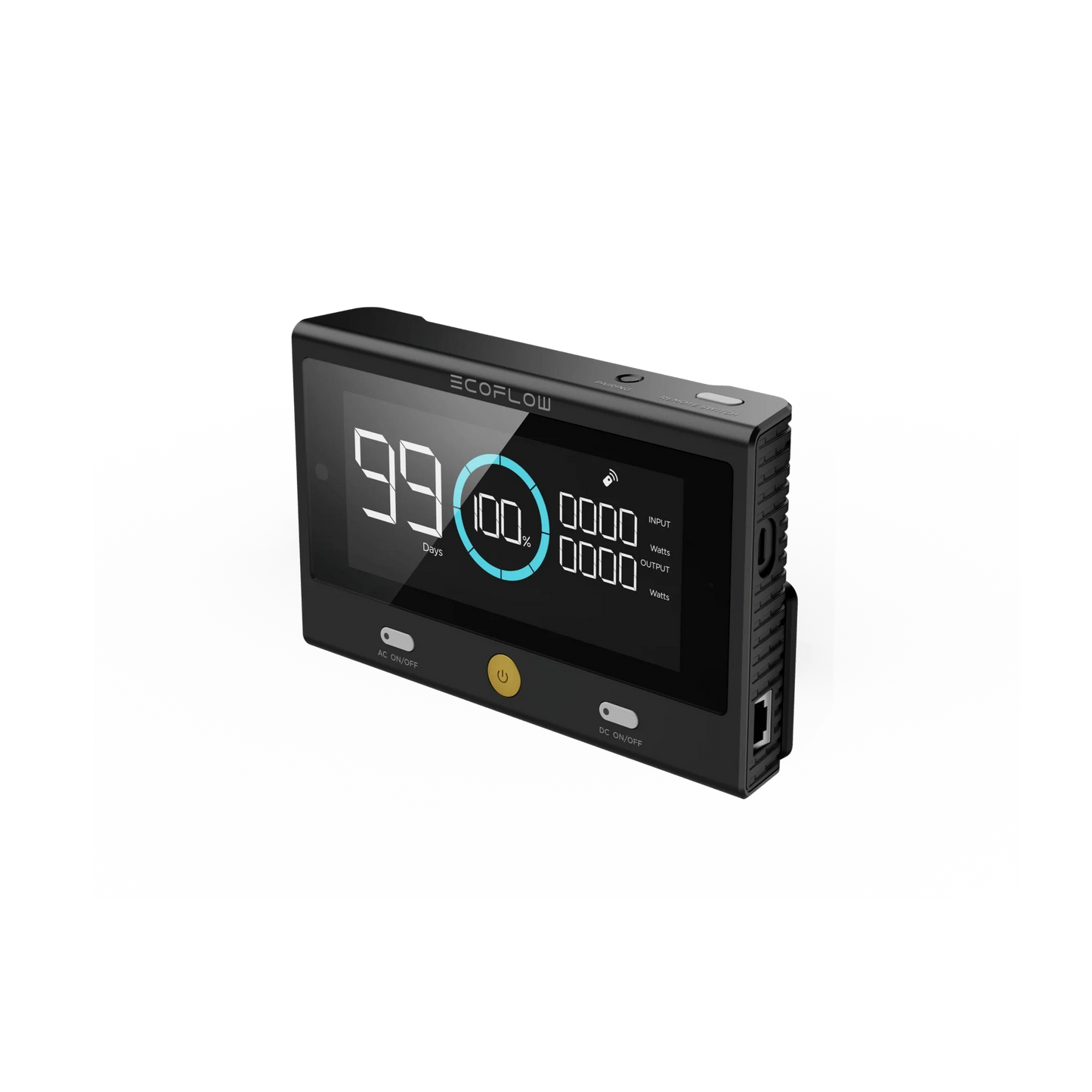 EcoFlow Delta Pro Controller angled-right view displaying ports and screen.