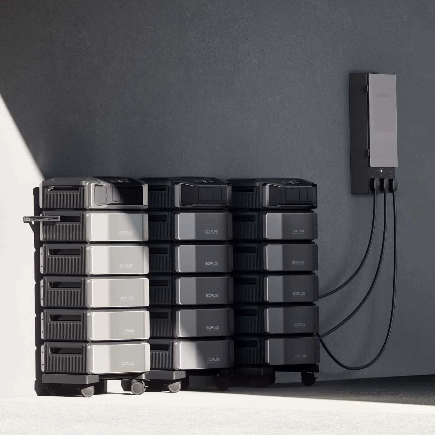 EcoFlow Delta Pro Ultra Smart Extra Battery shown stacked in a home backup power setup.