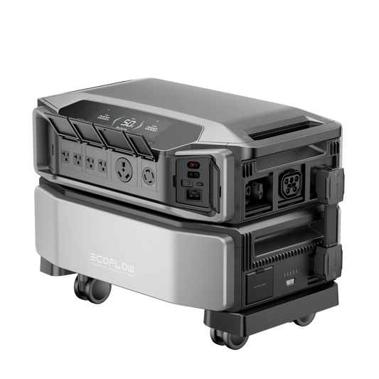 EcoFlow Delta Pro Ultra side view showing expansion ports and high PV solar input connectors on rolling base.