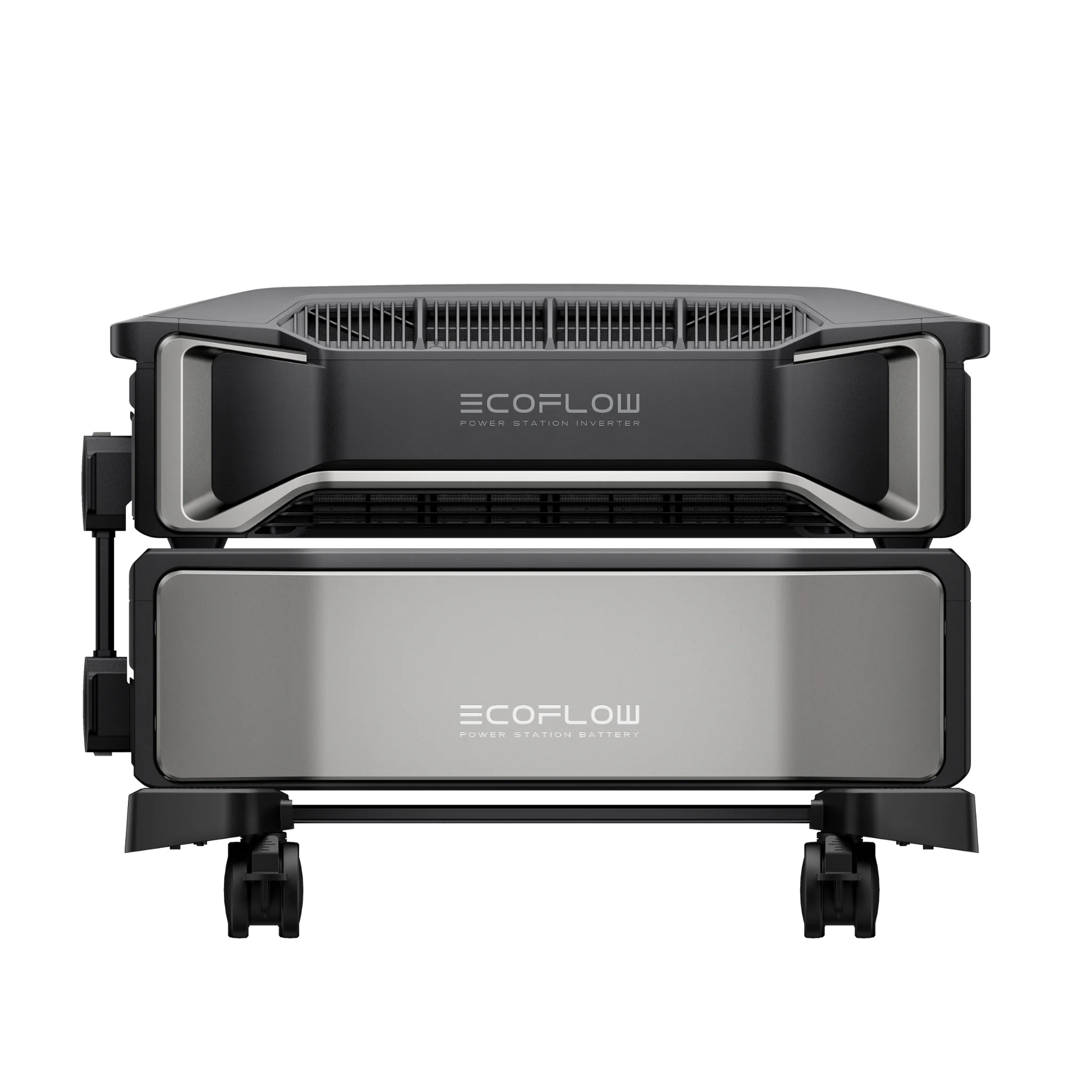 EcoFlow DPU rear view with cooling vents, connection panels, and lower battery module on caster wheels.