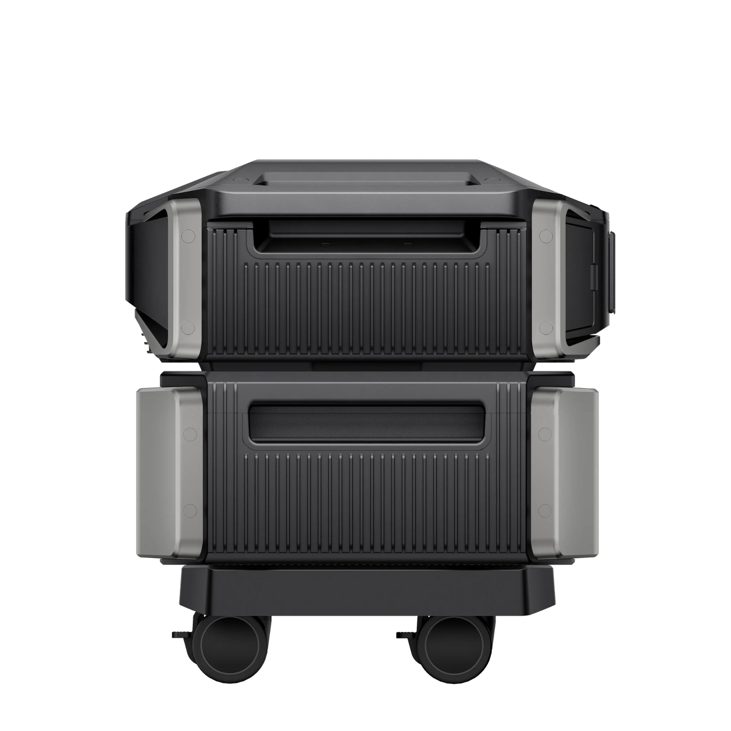 EcoFlow DPU side view with integrated carry handles and ribbed housing on stacked inverter and battery.