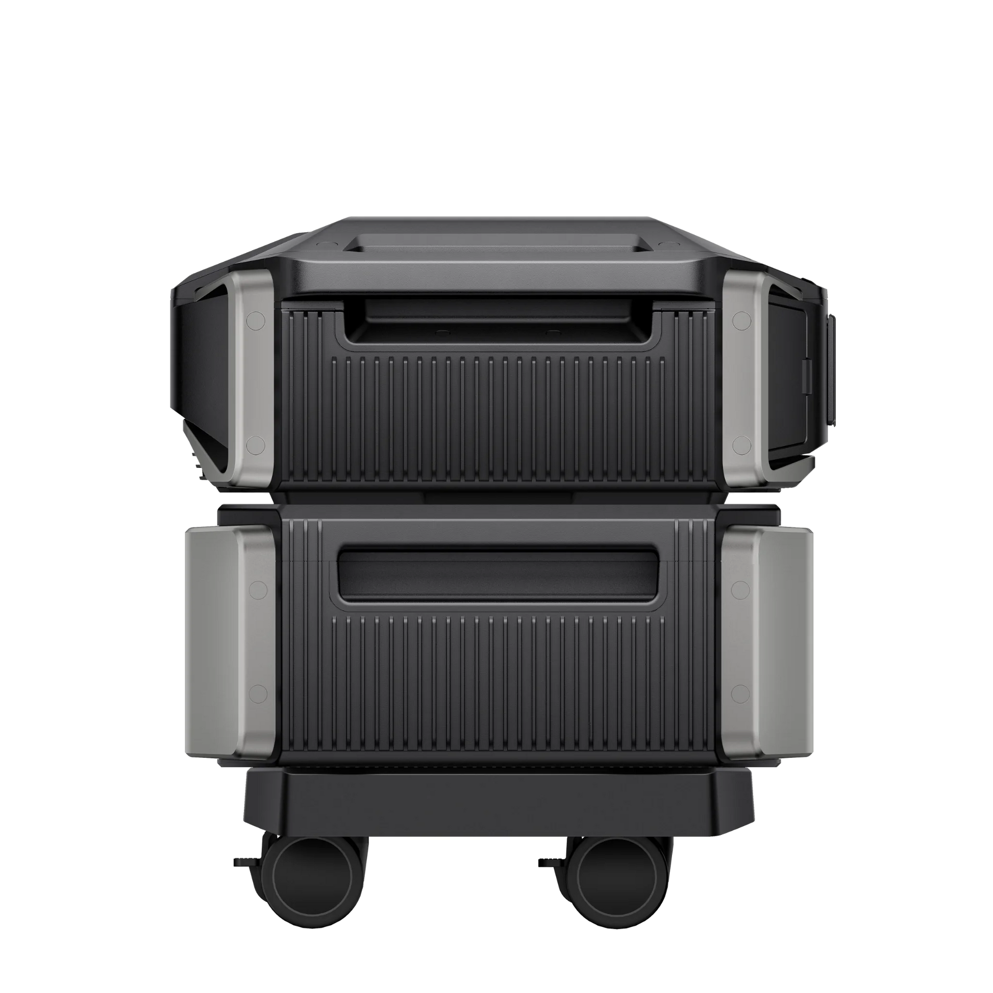 EcoFlow DPU side view with integrated carry handles and ribbed housing on stacked inverter and battery.
