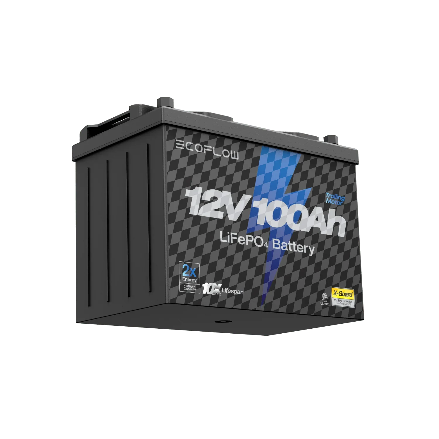 EcoFlow Lithium 12V 100Ah Deep Cycle Marine Trolling Motor Battery angled left product view