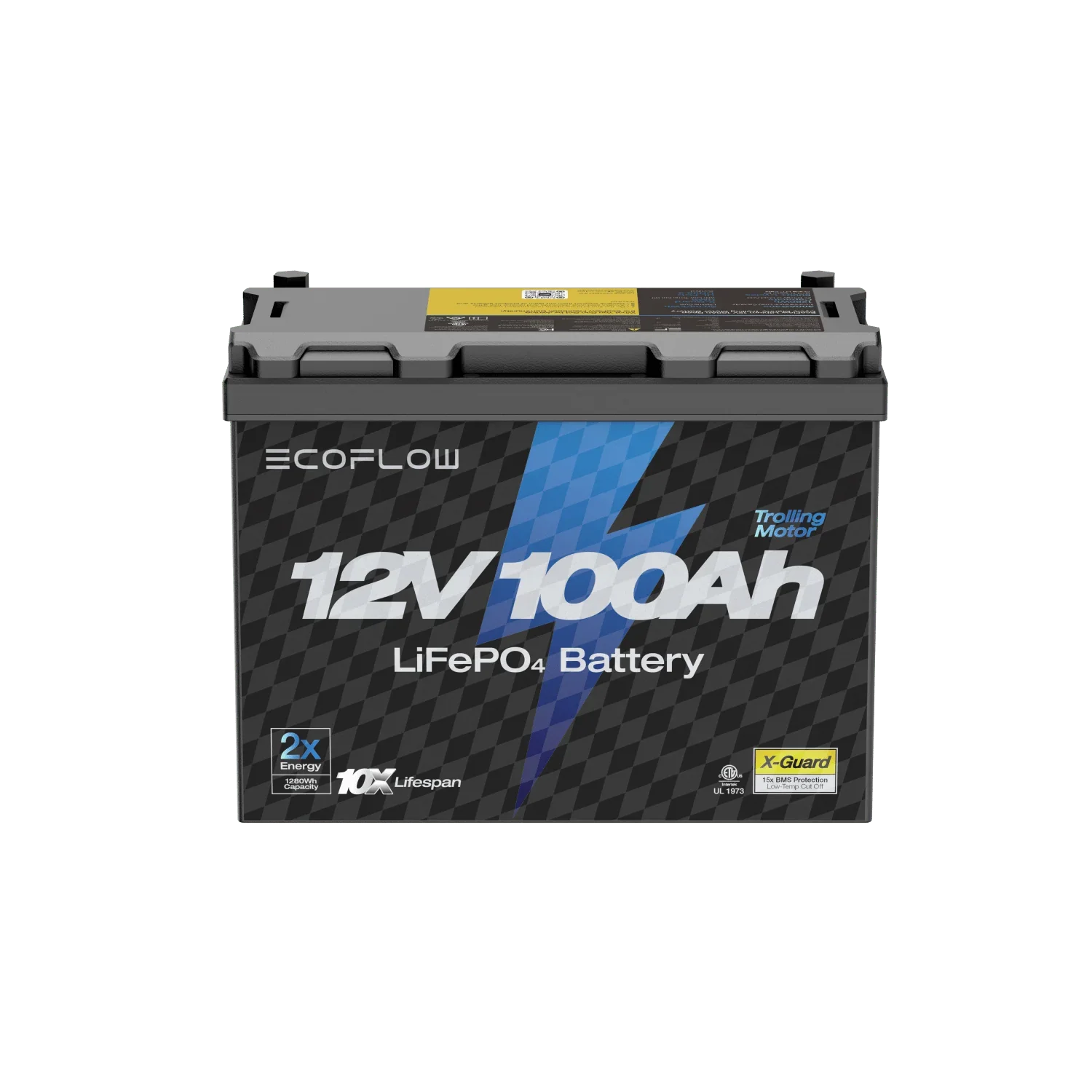 EcoFlow Lithium 12V 100Ah Deep Cycle Marine Trolling Motor Battery front view showing label and case design