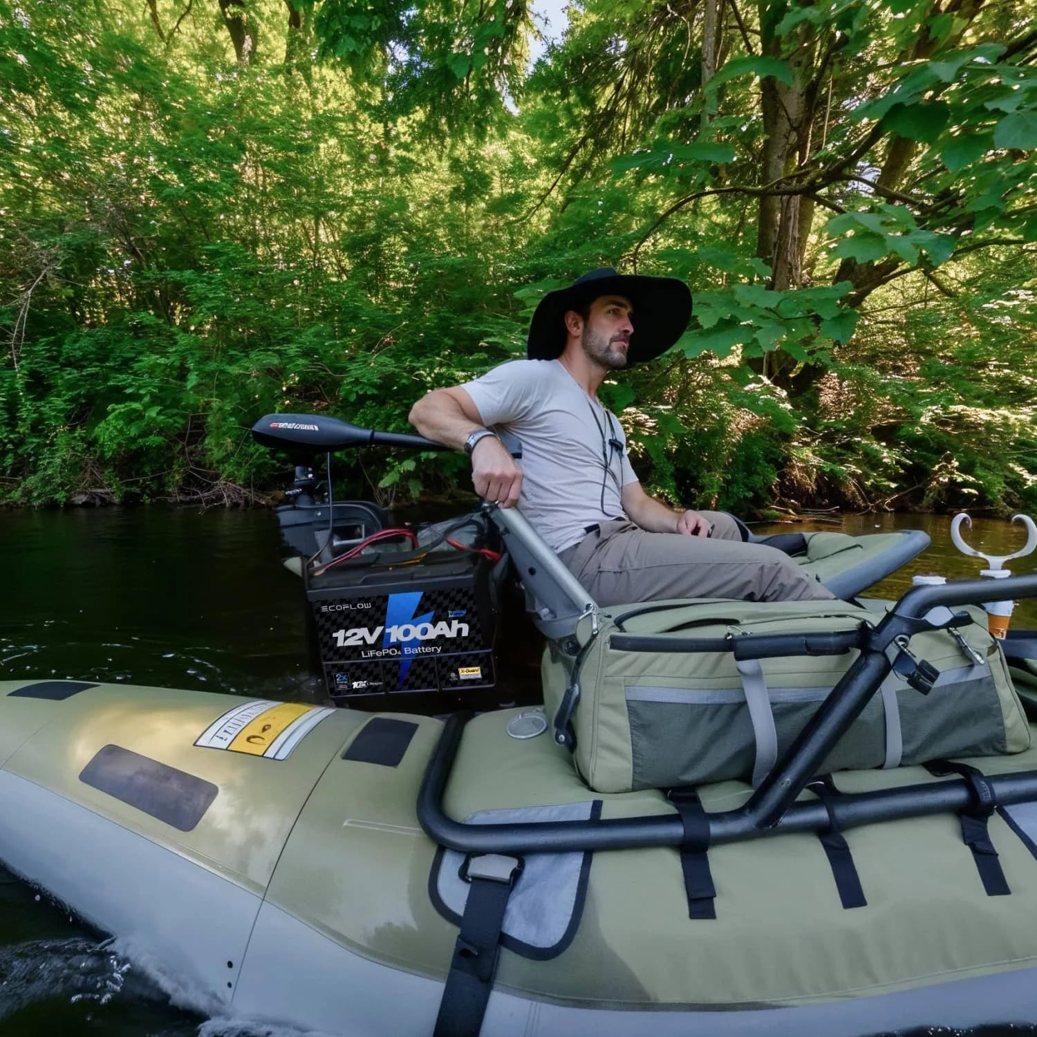 EcoFlow Lithium 12V 100Ah Deep Cycle Marine Trolling Motor Battery on fishing boat in use