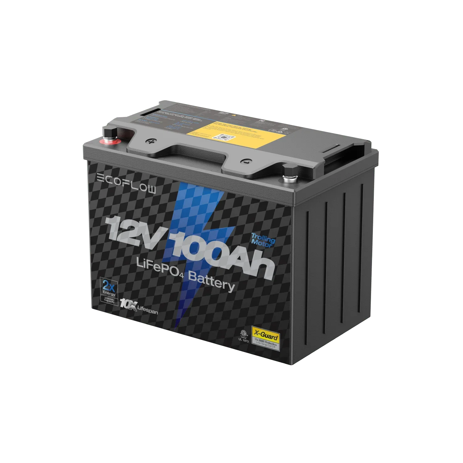 EcoFlow Lithium 12V 100Ah Deep Cycle Marine Trolling Motor Battery top view showing terminals