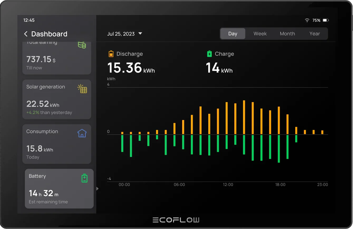 EcoFlow PowerInsight dashboard close up‚ showing discharge and charge graphs.